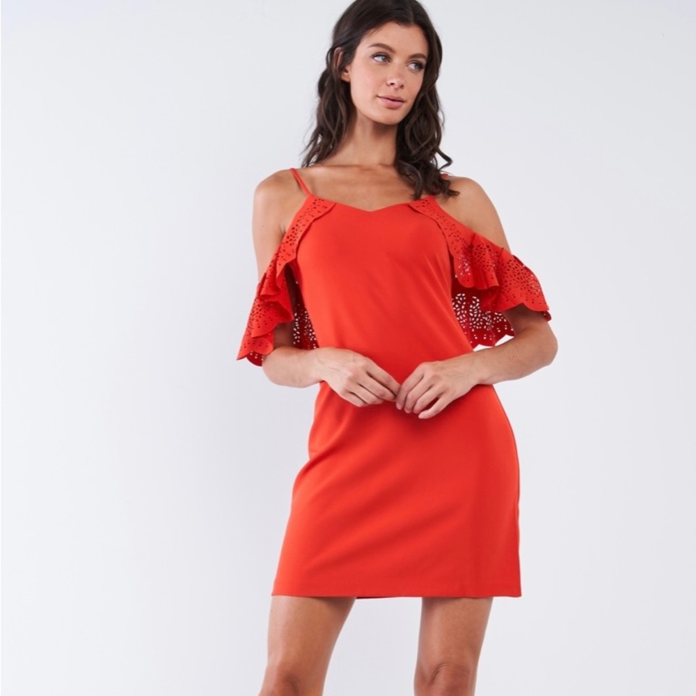 Tomato Red Cocktail V-Neck Crochet Ruffle Off-The-Shoulder